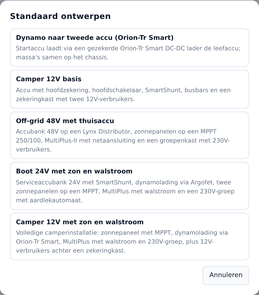 Schermafbeelding van het menu Bestand in WireElectric met de standaardontwerpen voor camper 12V, boot 24V en off-grid 48V.